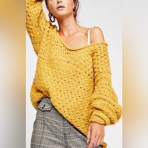 Free People Crashing Waves Pullover Mustard Yellow Boho Open Knit Wool Blend L